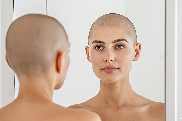 A bald woman looks in a mirror